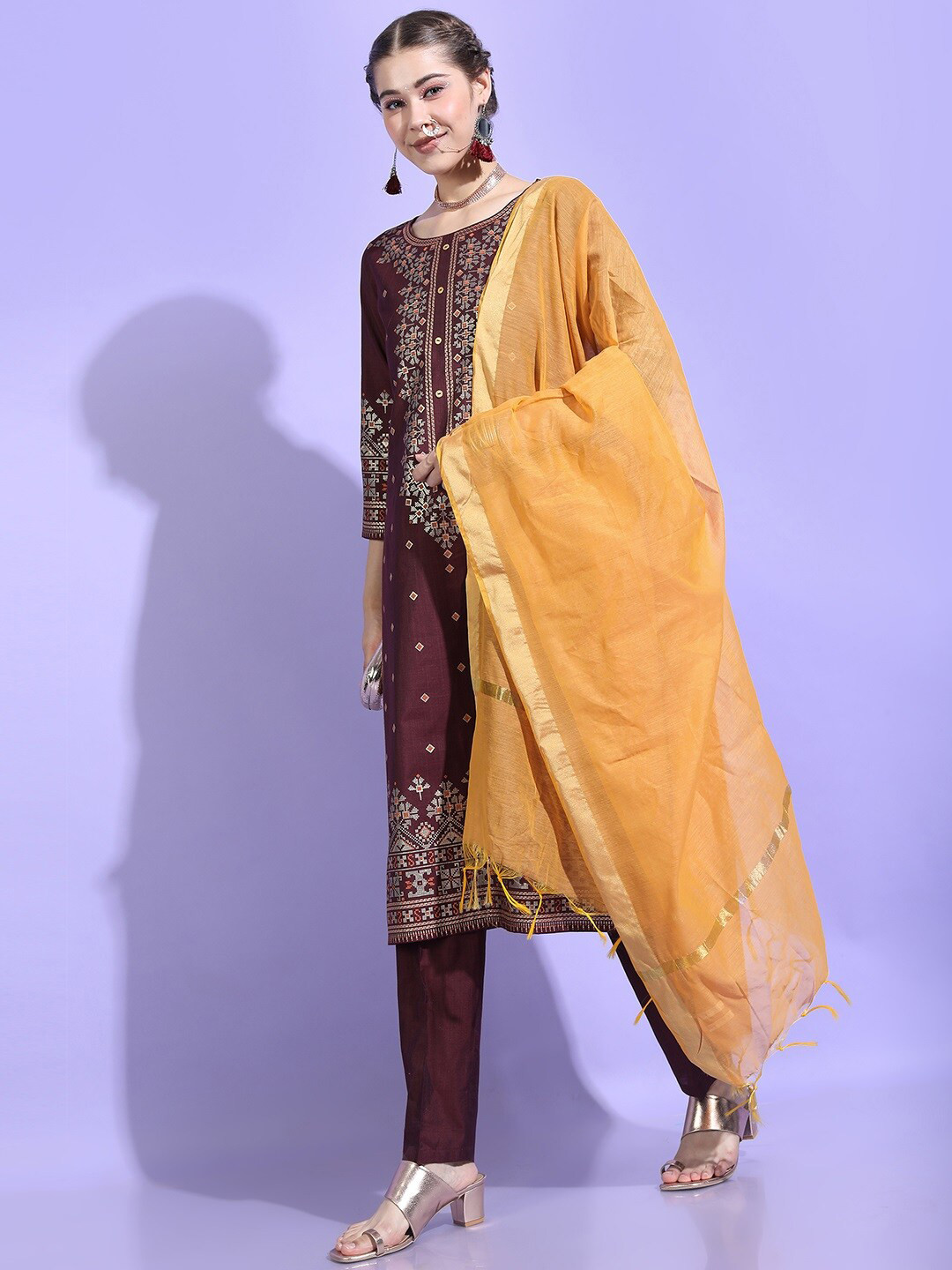 Vishudh Women Burgundy Ethnic Motifs Viscose Rayon Kurta with Trouser & Dupatta
