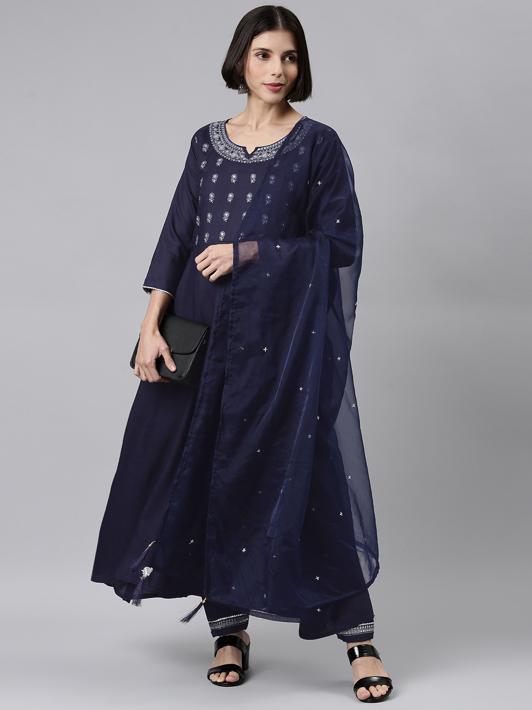SheWill Women Navy Blue Floral Yoke Design Sequinned Kurta with Trousers & With Dupatta