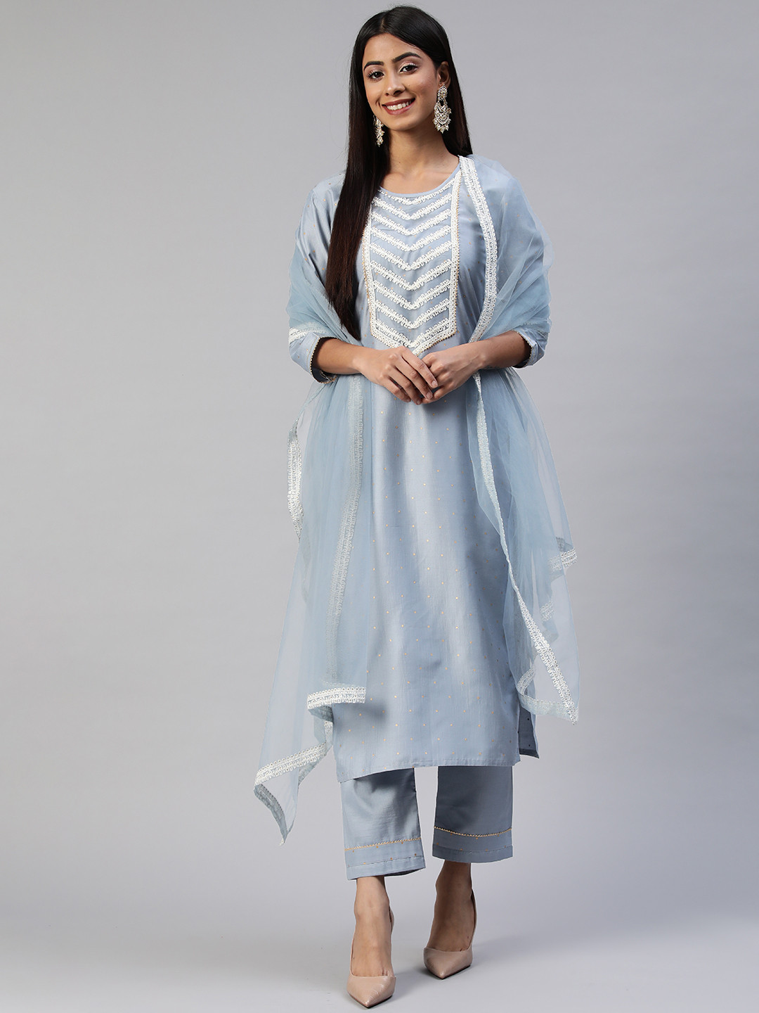 SheWill Women Blue Embroidered Sequinned Kurta with Trousers & Dupatta