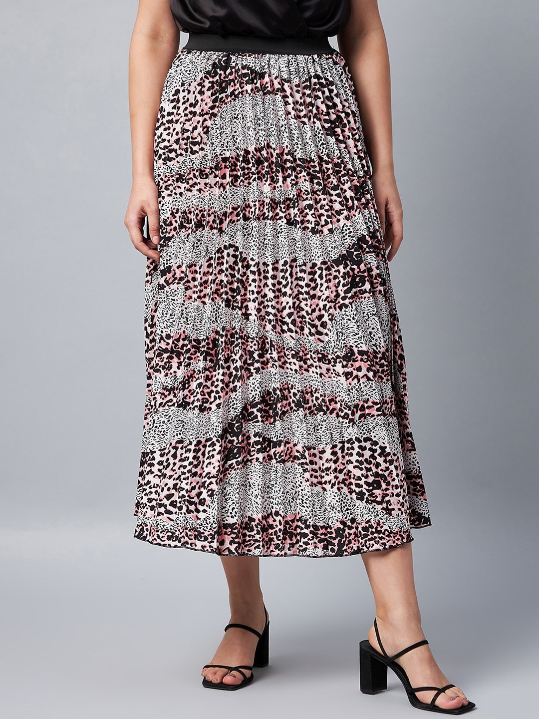 StyleStone Women Black & Pink Printed Pleated Midi Skirt