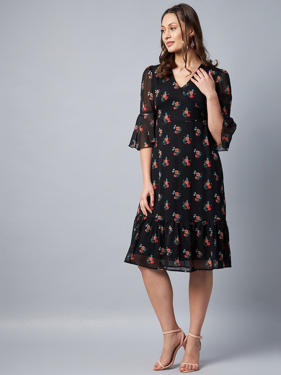 StyleStone Black Floral Chiffon Midi Dress