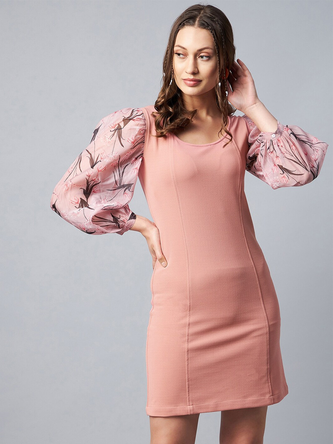 StyleStone Pink Sheath Dress with Long Sleeves