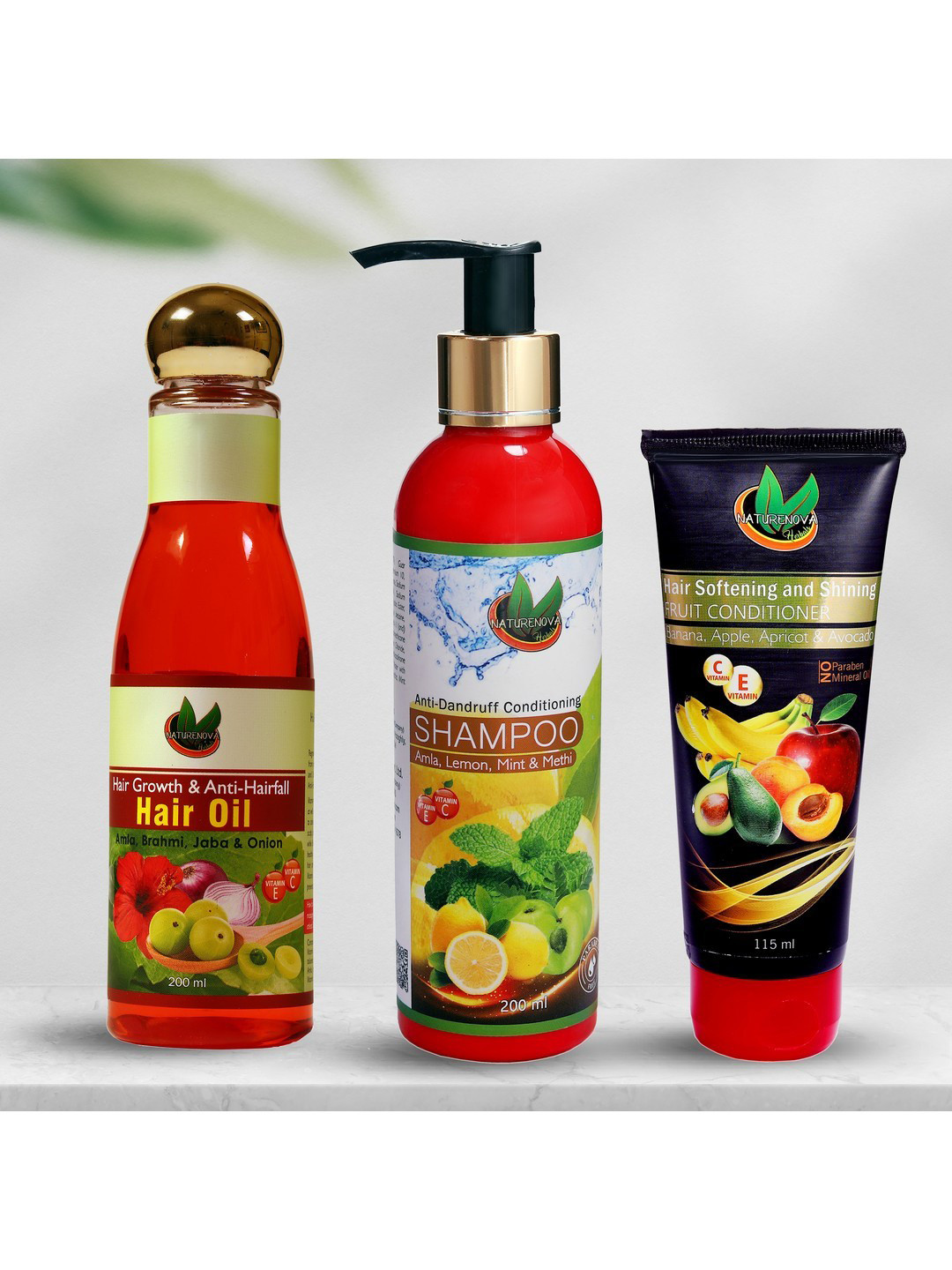 NatureNova Herbals Set of Anti-Dandruff Shampoo - Fruit Conditioner - Anti-Hairfall Oil