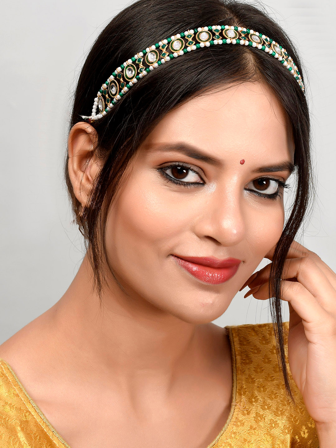 Silvermerc Designs Gold-Plated Green & White Pearl Beaded Meenakari Matha Patti