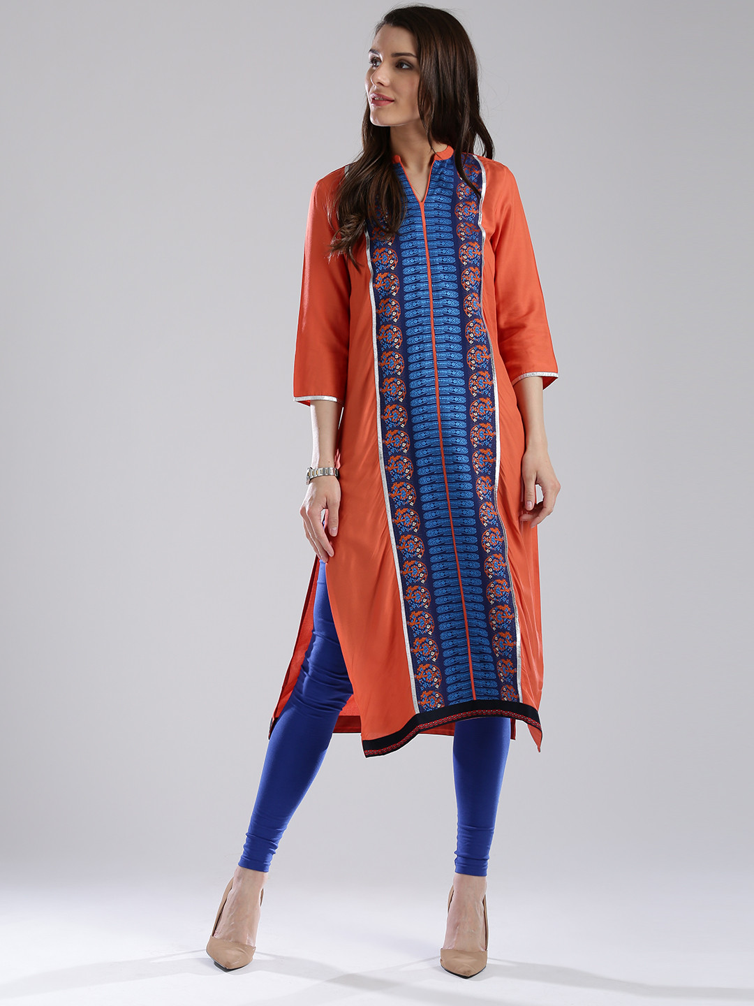W Women Rust Orange Patterned Straight Kurta