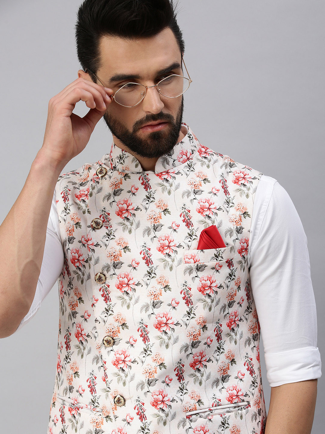 SHOWOFF Men Cream-Colored Printed Cotton Nehru Jackets