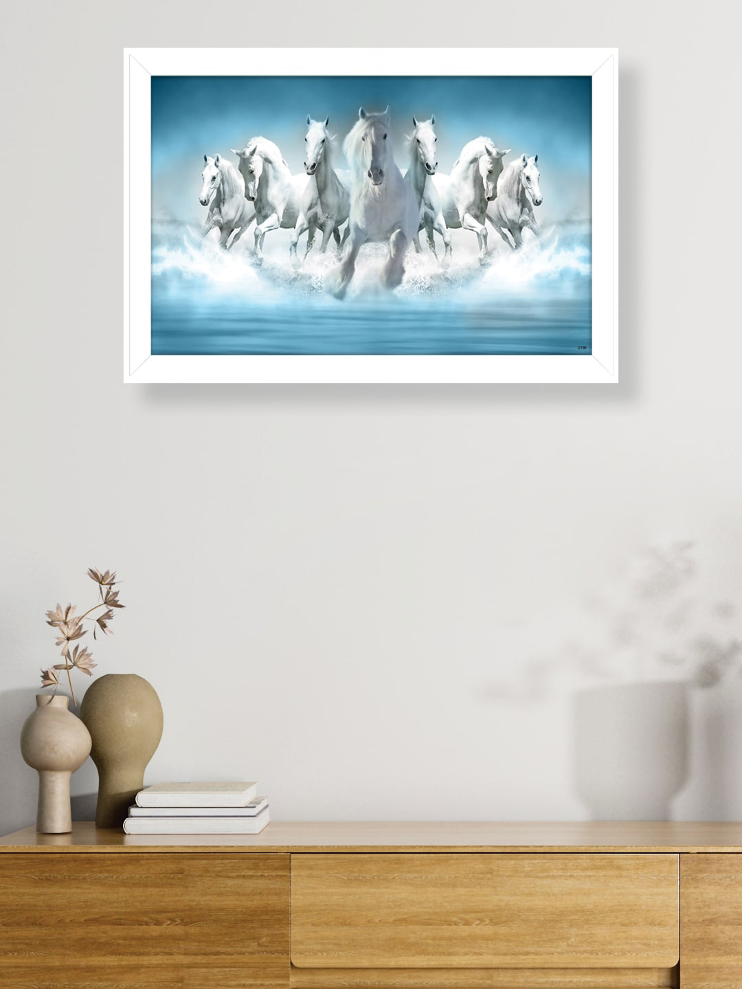 nest ART Blue & White Printed Running White Horses Framed Framed Painting Wall Art