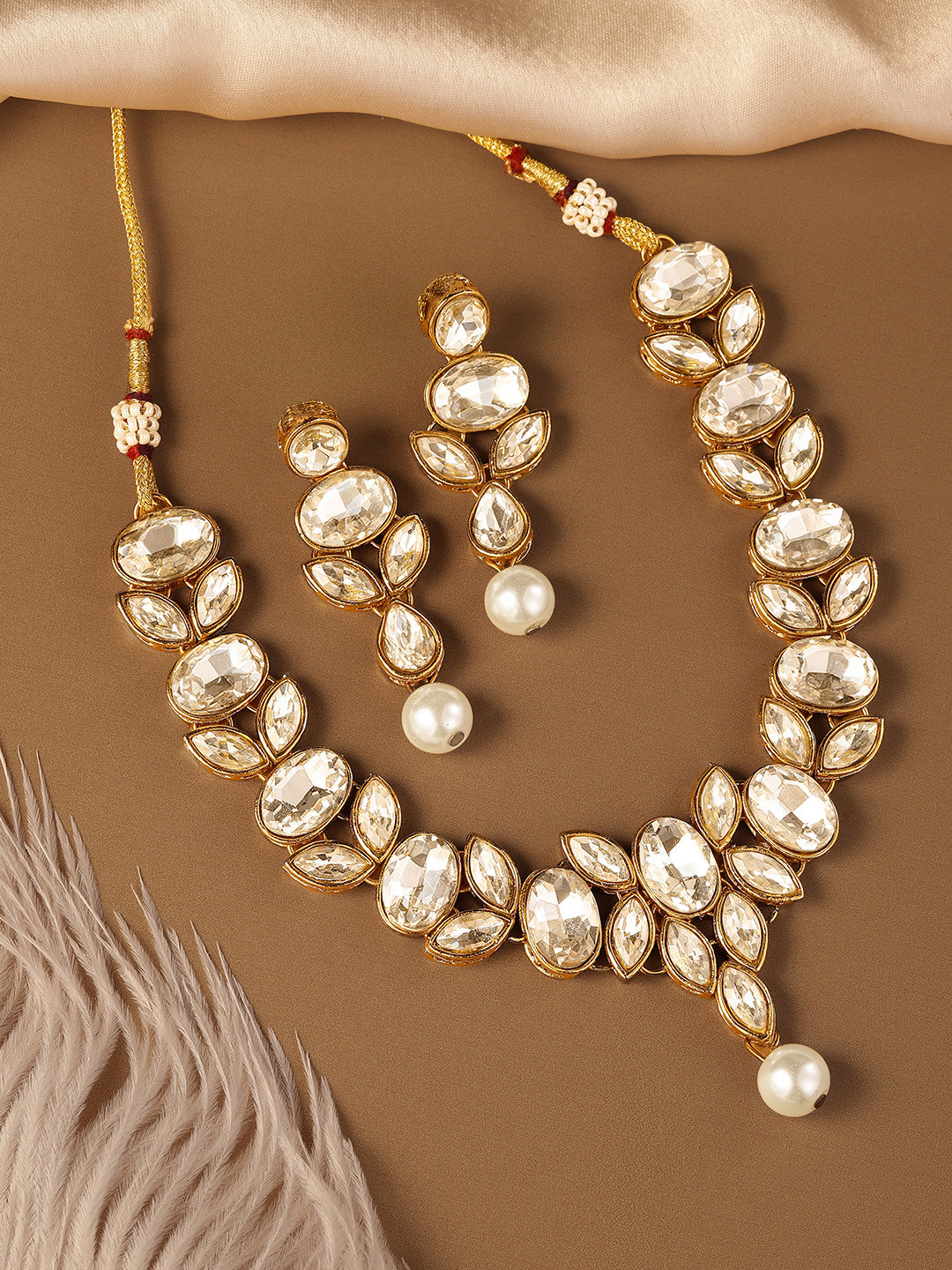 Peora Gold-Plated Crystal Studded Choker Necklace with Earrings