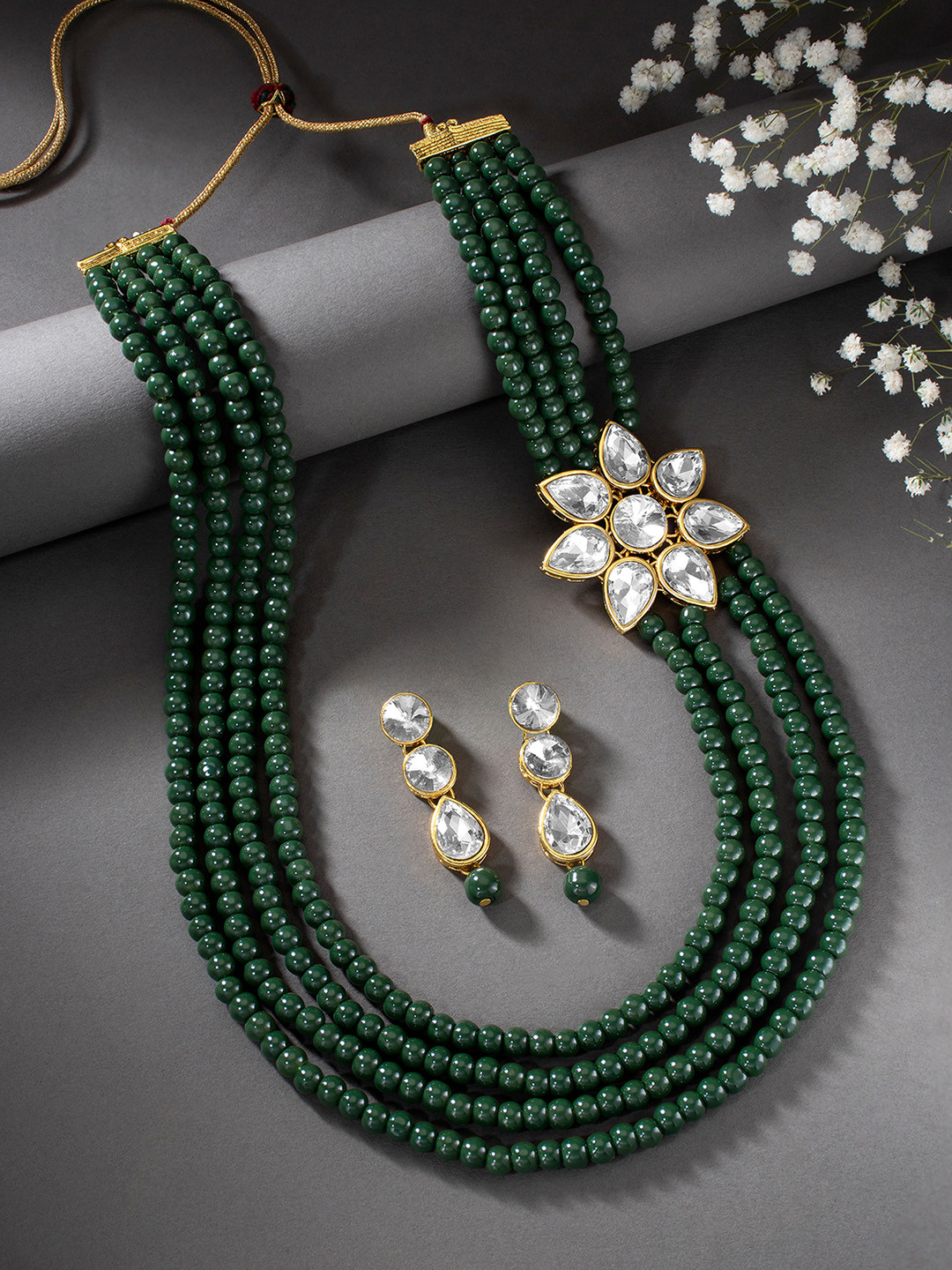 Peora Green & White Beads & kundan Gold Plated Long Necklace & Earrings Set