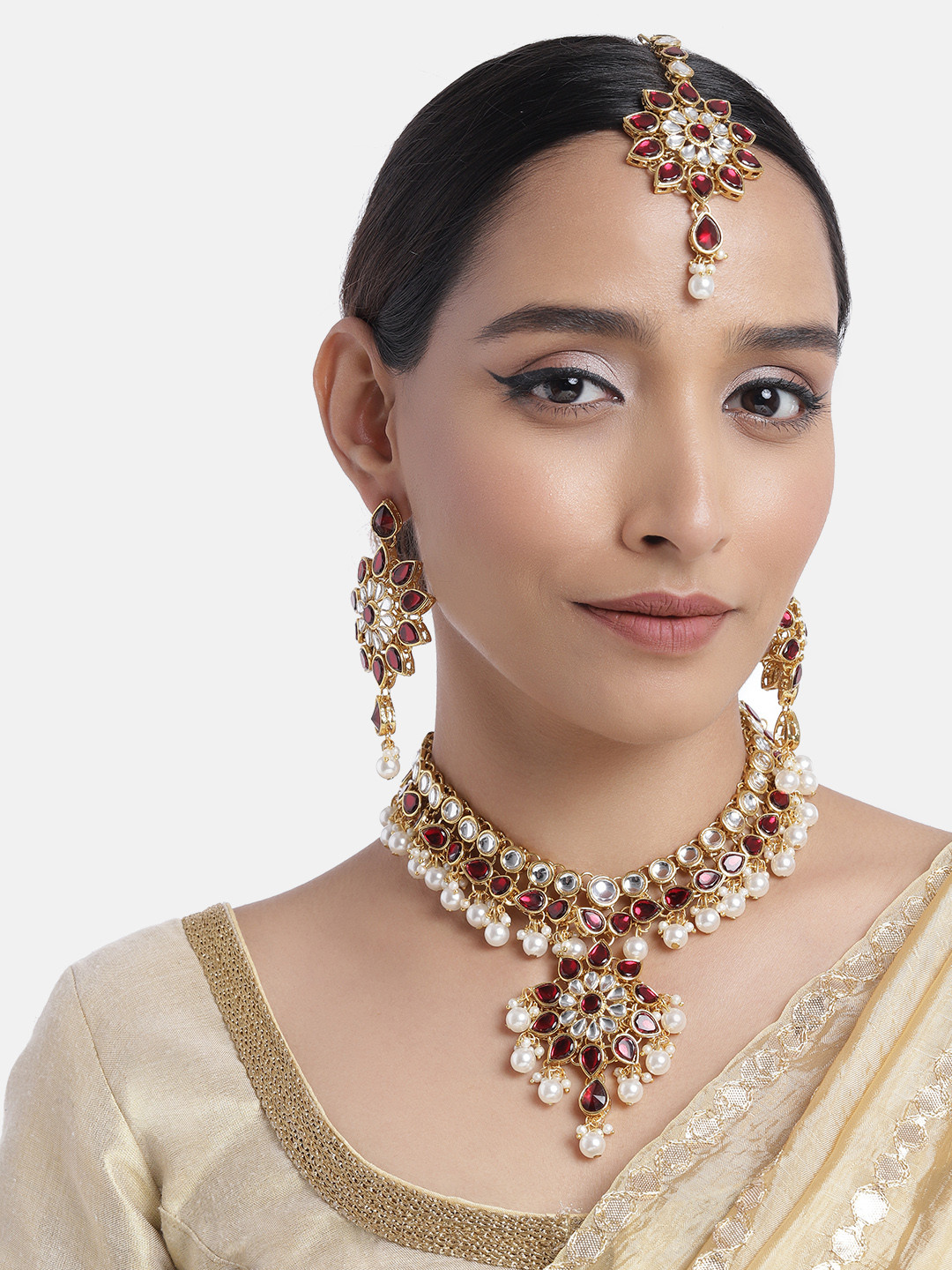 Peora Maroon & White Kundan & Pearl Gold Plated Jewellery Set