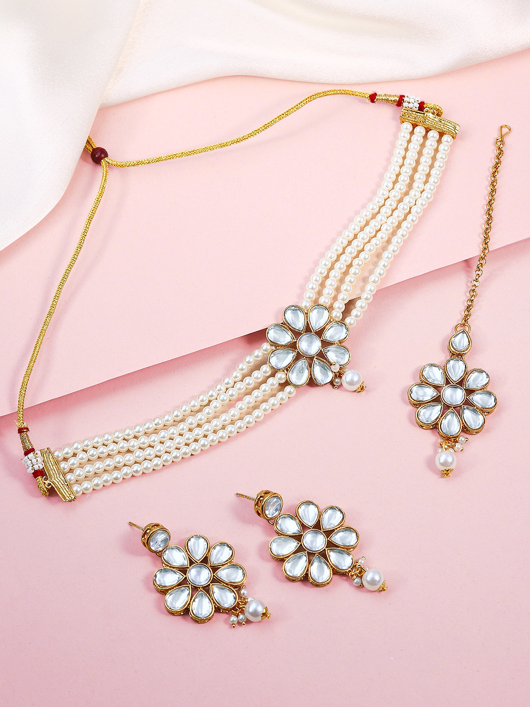 Peora White Traditional Gold Plated Kundan Pearl Choker Necklace Jewellery Set