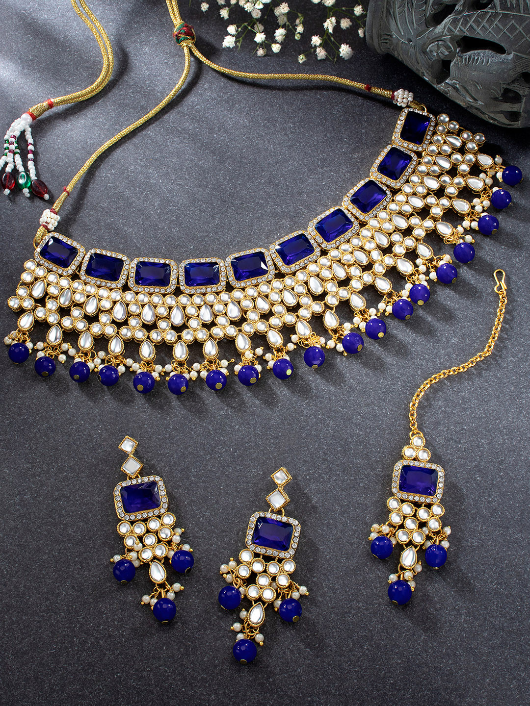 Peora Women Navy Blue & White Crystal Studded Gold Plated Jewellery Set
