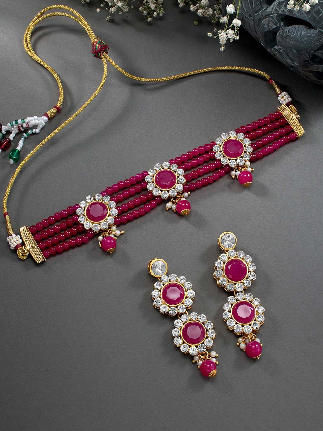 Peora Magenta Pink & White Stone & Beaded Gold Plated Choker Necklace Set