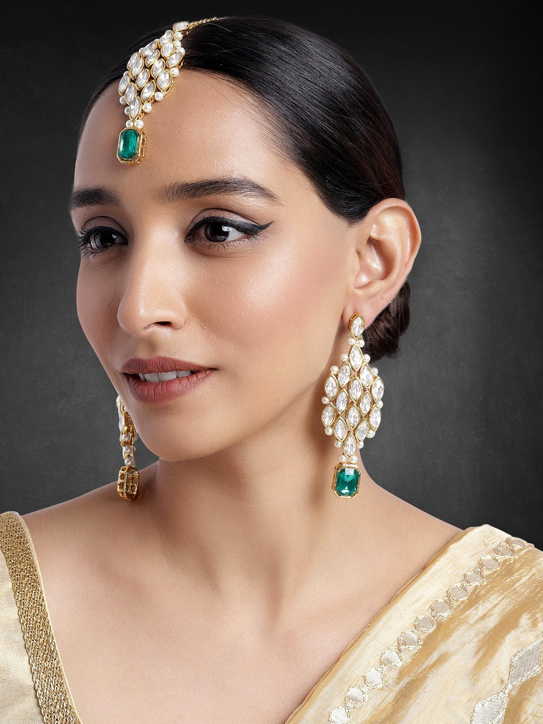 Peora Green & White Crystal & Pearl Gold-Plated Earrings with Maang Tika Set