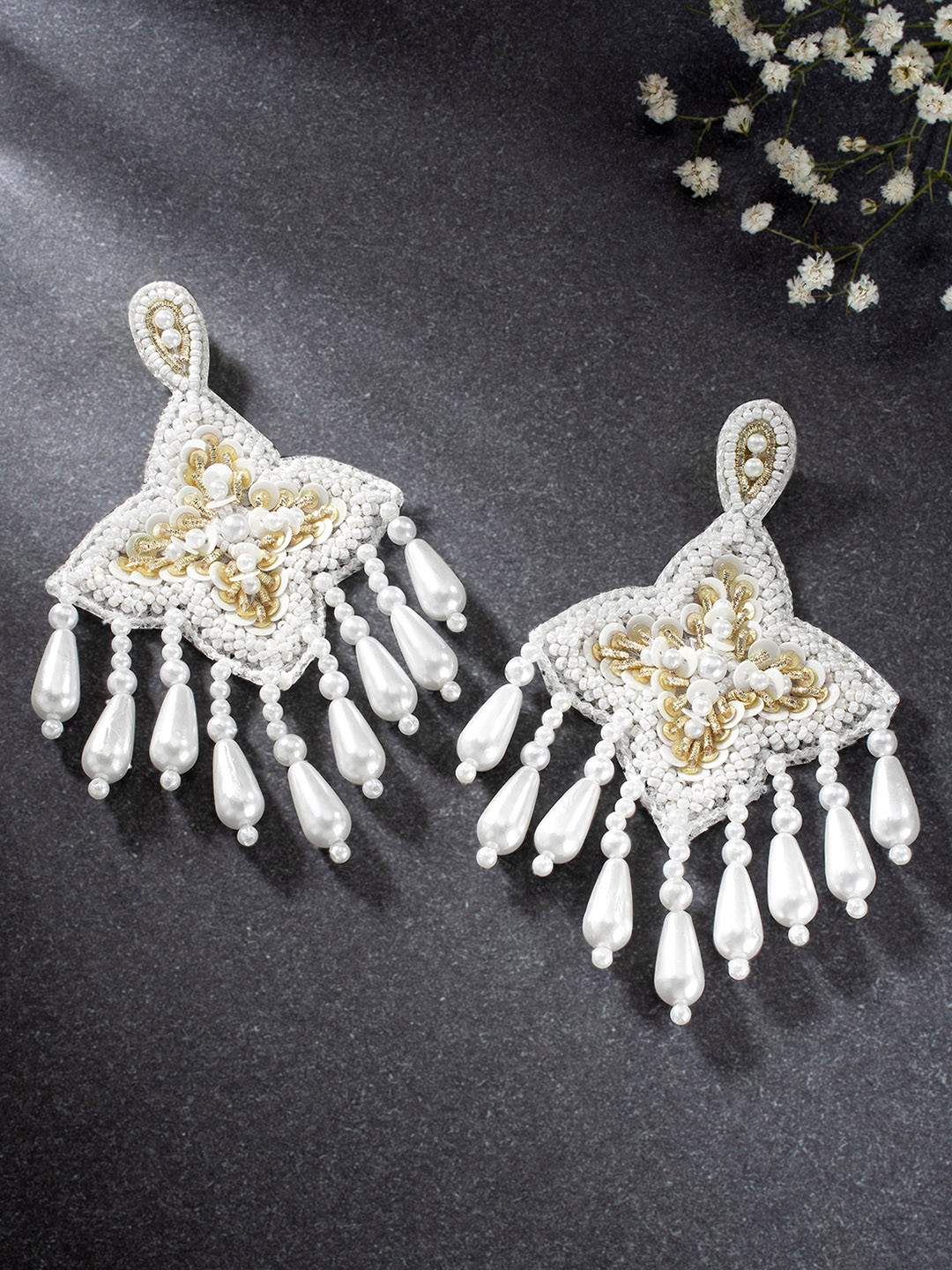 Peora White Pearl Geometric Dangle Drop Earrings