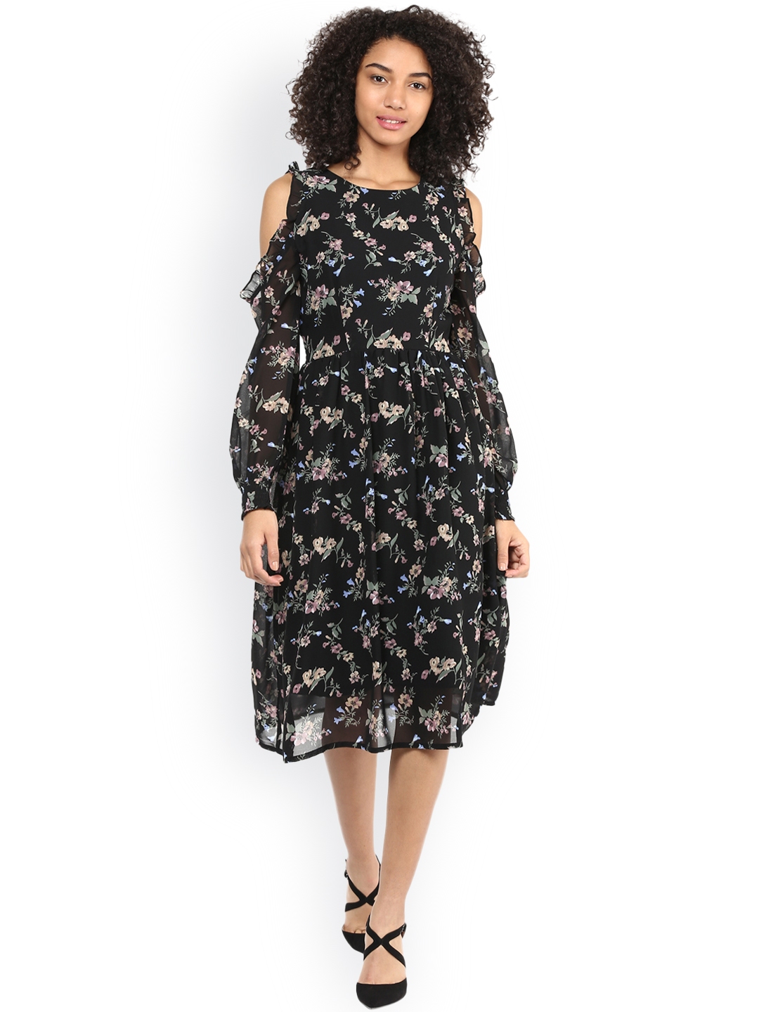 Buy Harpa Women Black Floral Print A Line Dress Dresses for