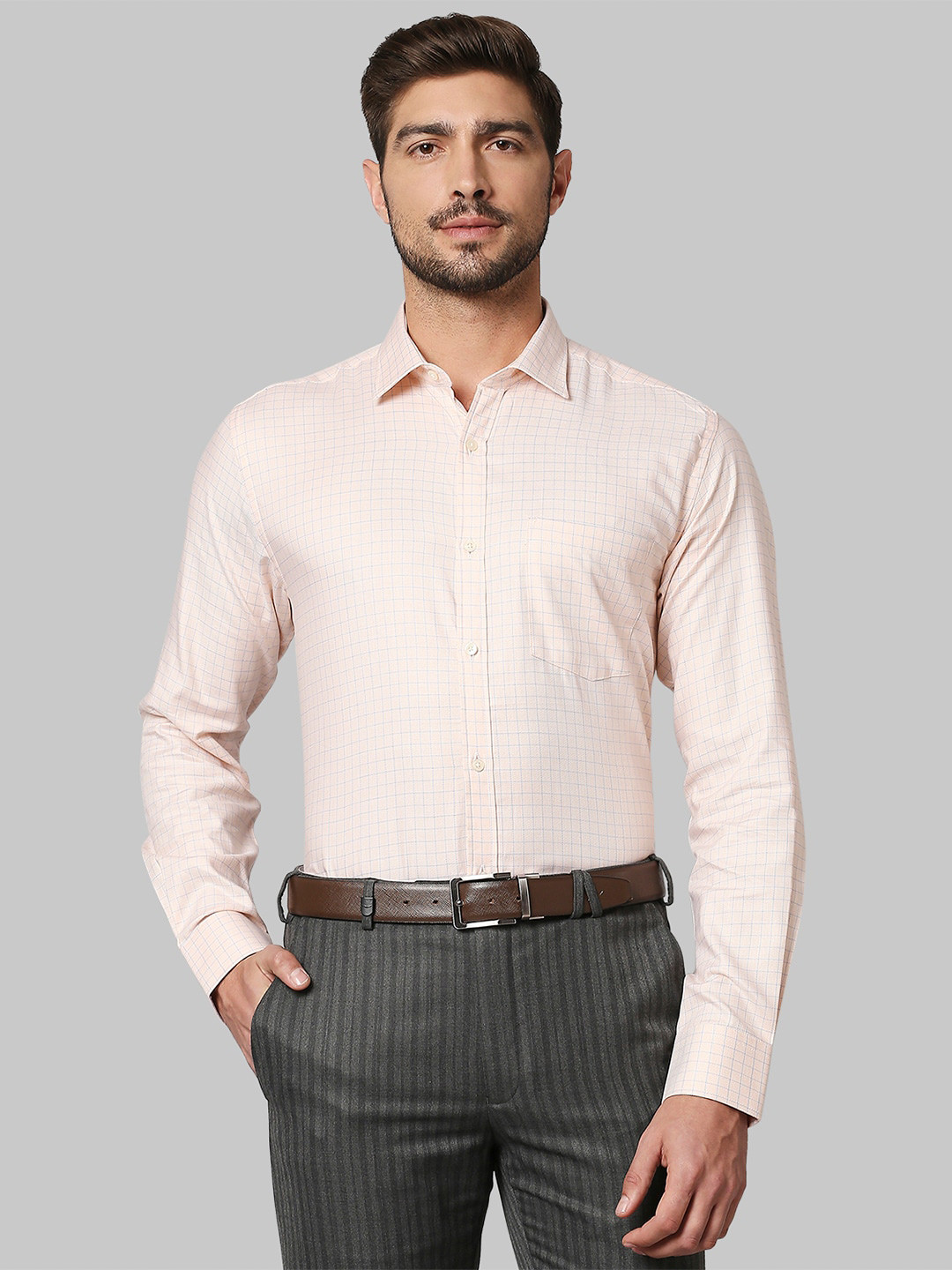 Park Avenue Men Orange Slim Fit Grid Tattersall Checks Checked Cotton Formal Shirt
