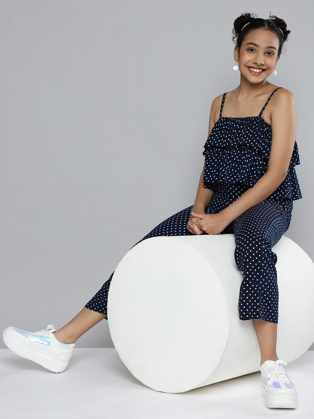 HERE&NOW Girls Navy Blue & White Polka Dots Printed Jumpsuit with Layered Ruffles
