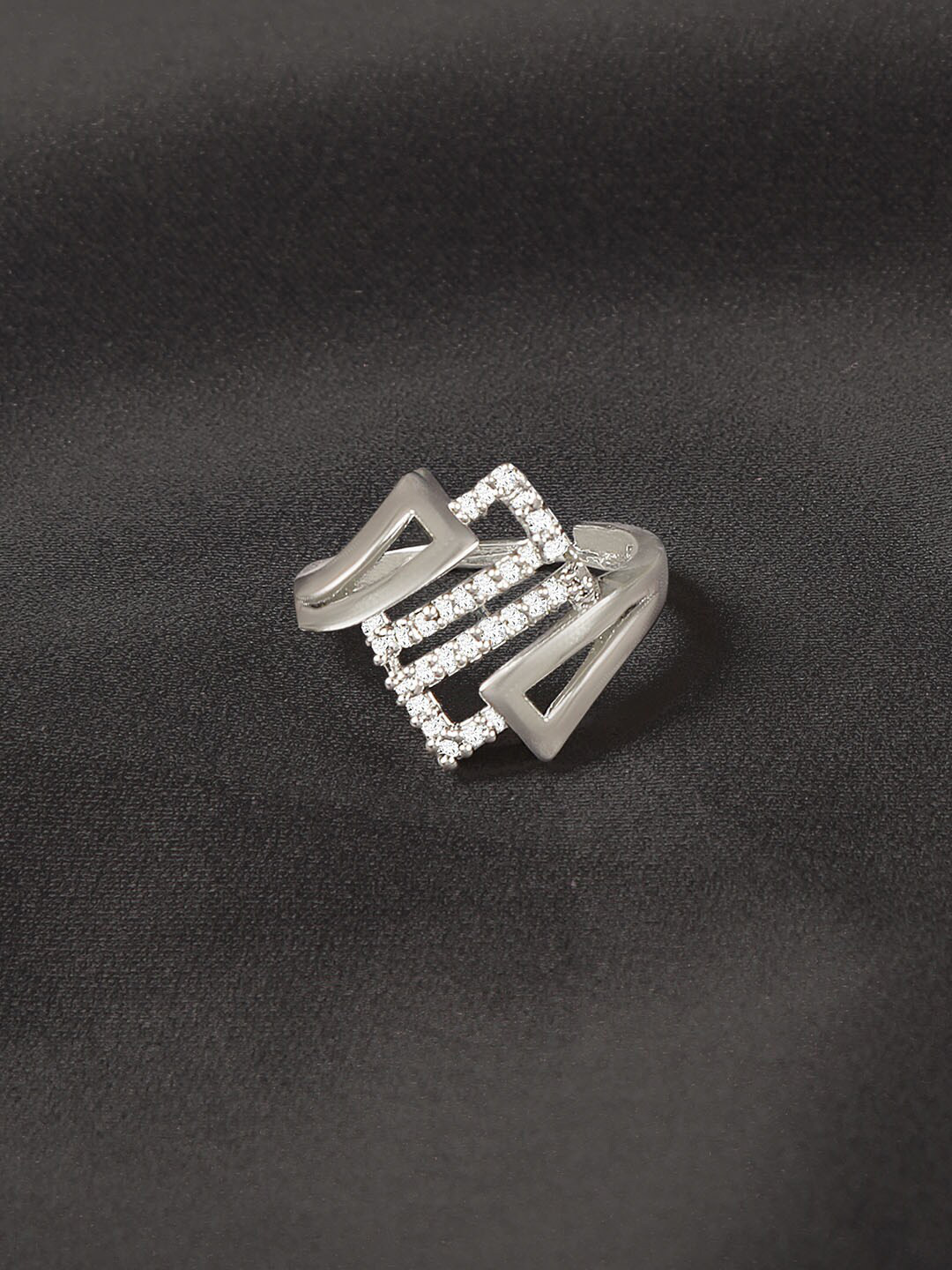 ZINU Rhodium-Plating Silver-Toned  White CZ Studded Adjustable Finger Ring