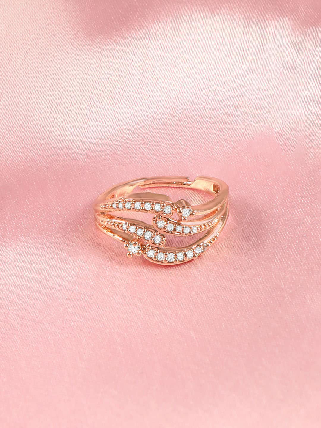 ZINU Women Rose Gold-Plated White CZ-Studded Adjustable Finger Ring