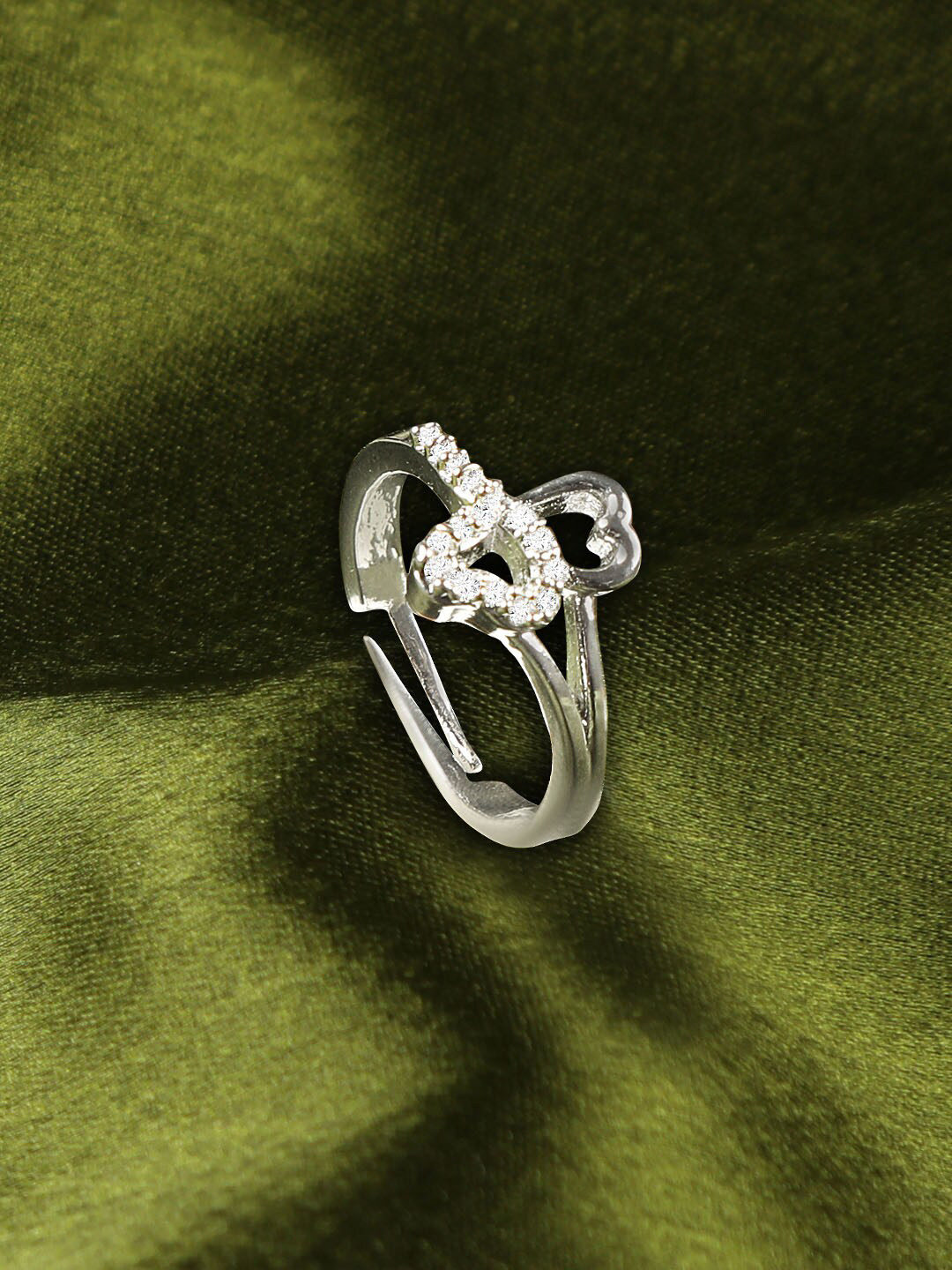 ZINU Rhodium-Plated Silver-Toned & White CZ-Studded Adjustable Finger Ring