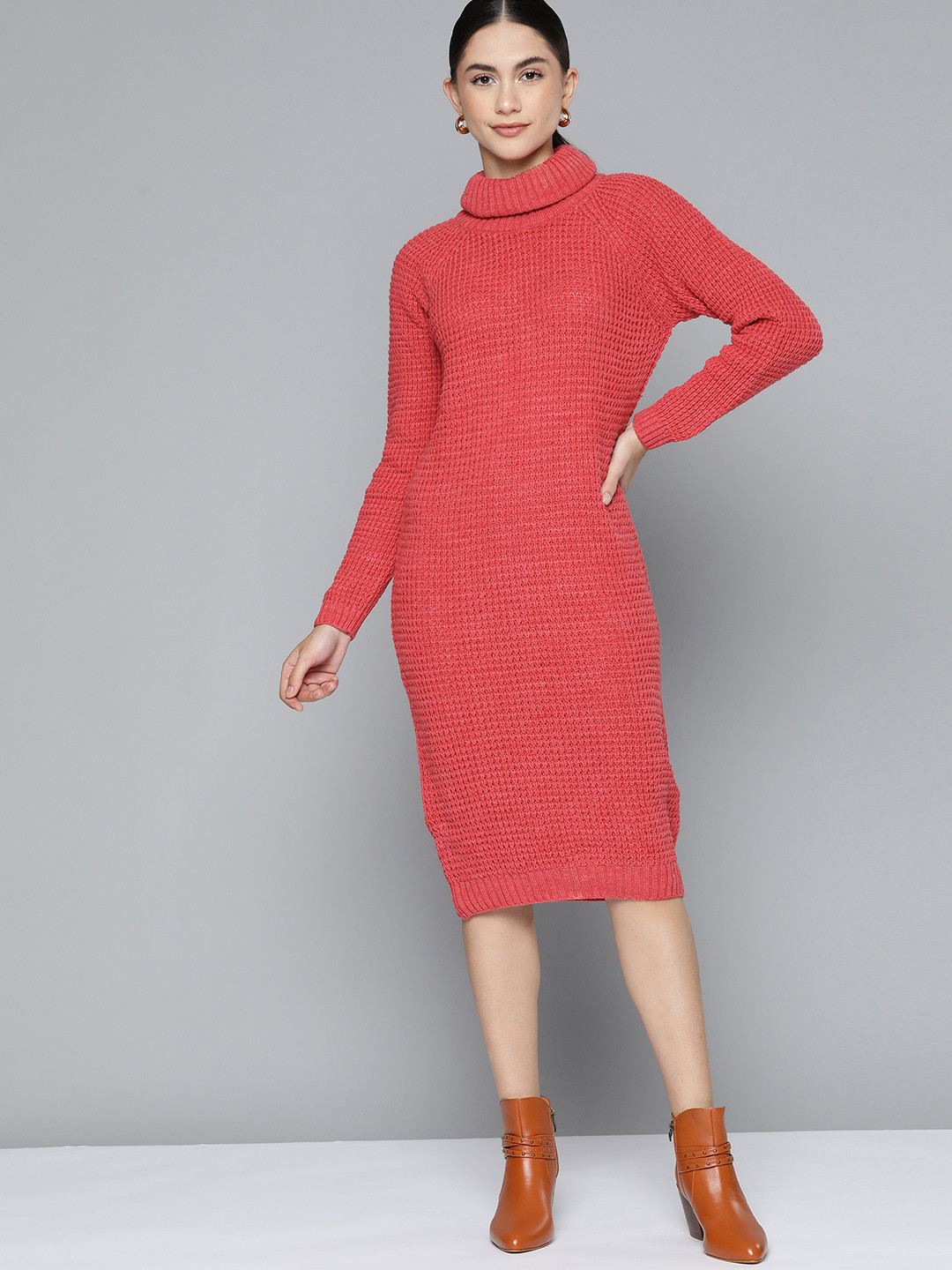 Chemistry Coral Red Self-Design Turtle Neck Sweater Dress