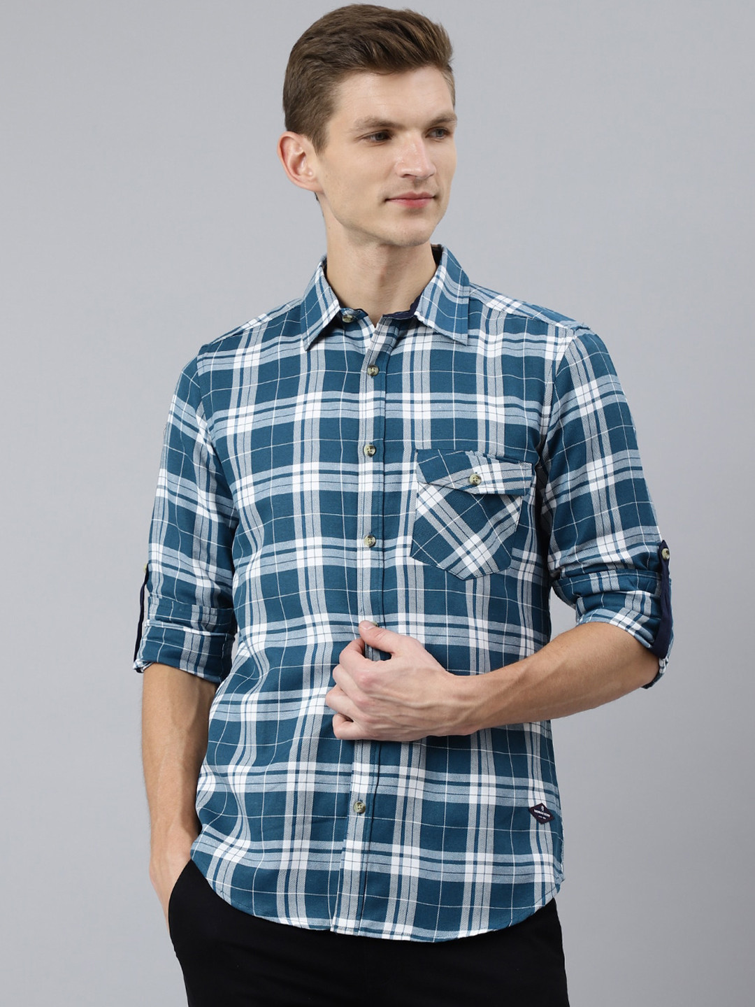 Thomas Scott Men Green Smart Tartan Checks Checked Casual Shirt