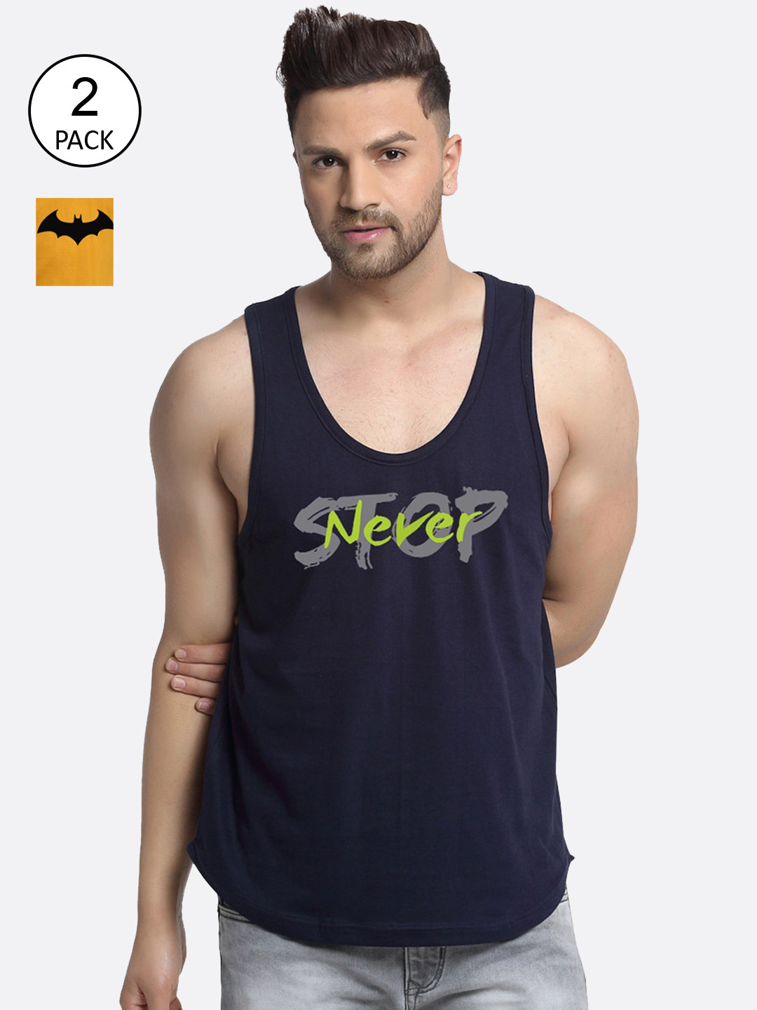 Friskers Men Pack Of 2 Navy Blue & Gold Stop never Batmen Printed Innerwear Vests
