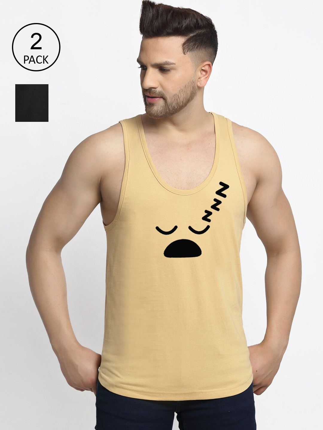 Friskers Men Pack of of 2 Black & Yellow Printed Cotton Innerwear Vests