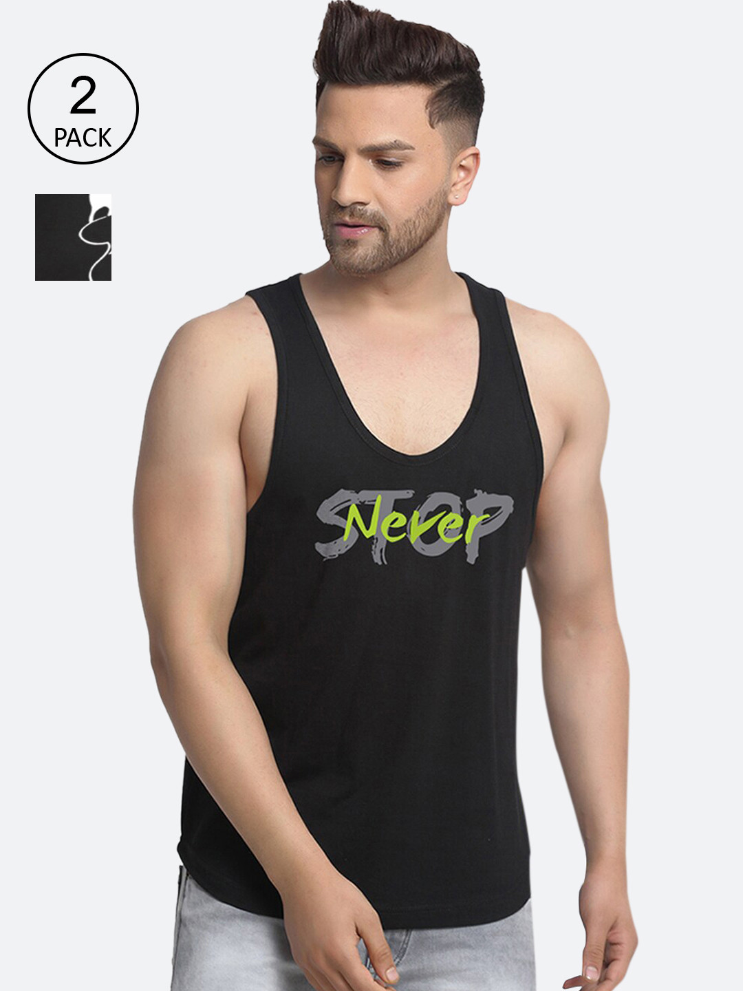 Friskers Men Pack Of 2 Navy Blue & Black Stop never Panda Printed Cotton Innerwear Vests