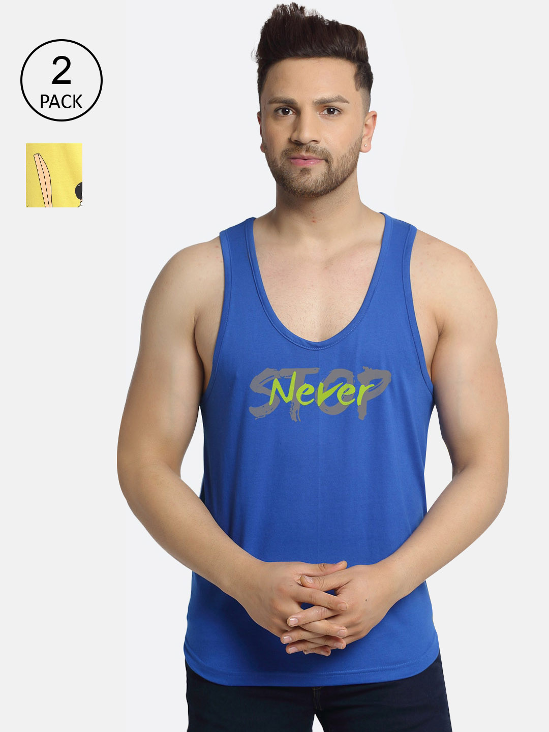 Friskers Men Pack Of 2 Blue & Yellow Stop never Cricket design Printed Cotton Innerwear Vests