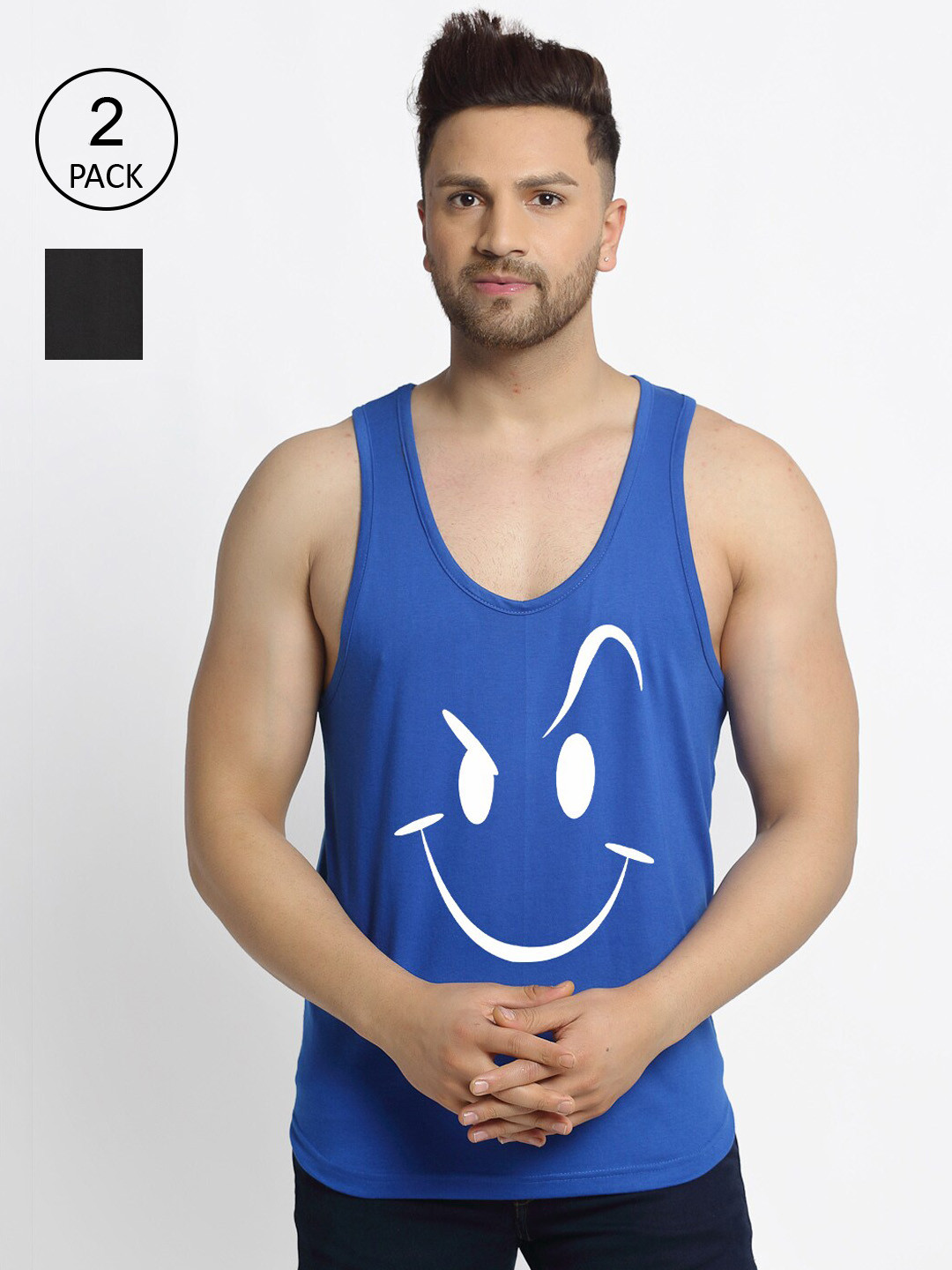 Friskers Men Pack Of 2 Blue & Black Stop never Smily Printed Cotton Innerwear Vests