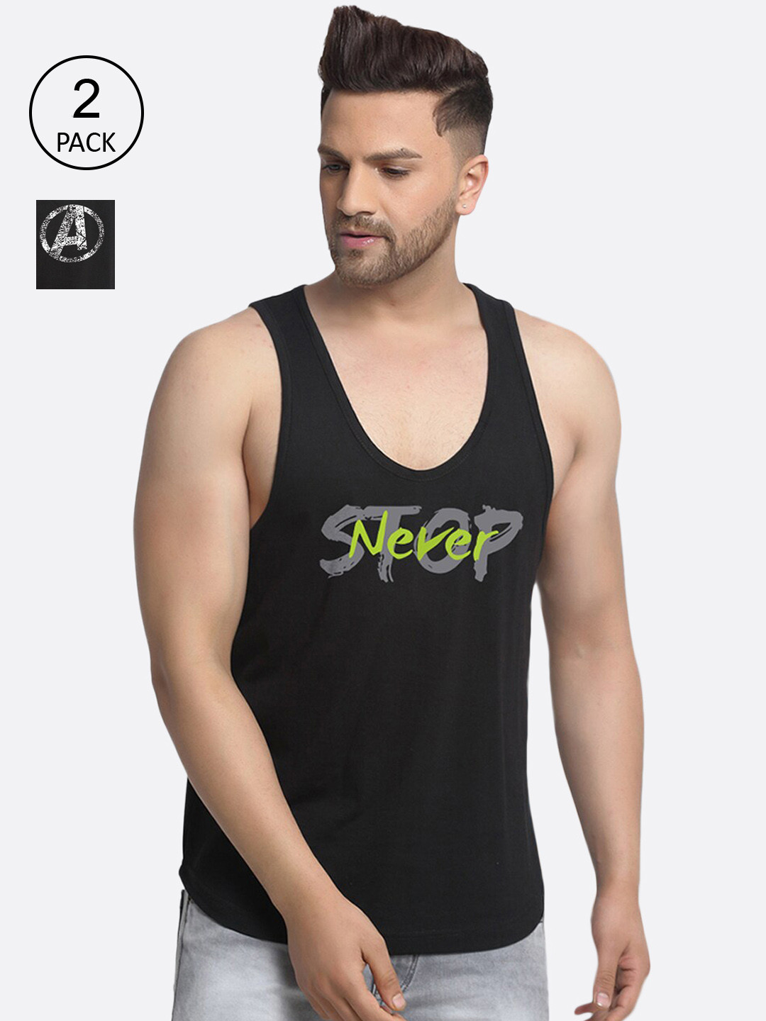 Friskers Men Pack Of 2 Black Stop never Avenger Printed Cotton Innerwear Vests