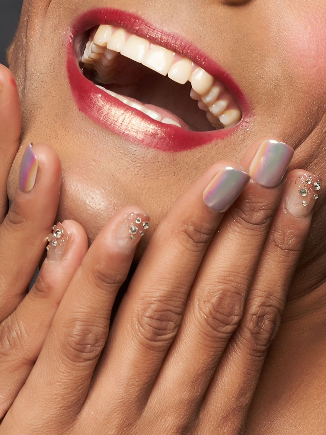 LICK 30 Pcs Glossy Glitter & Stone Fake nails-Artificial Press On Nails - Pink