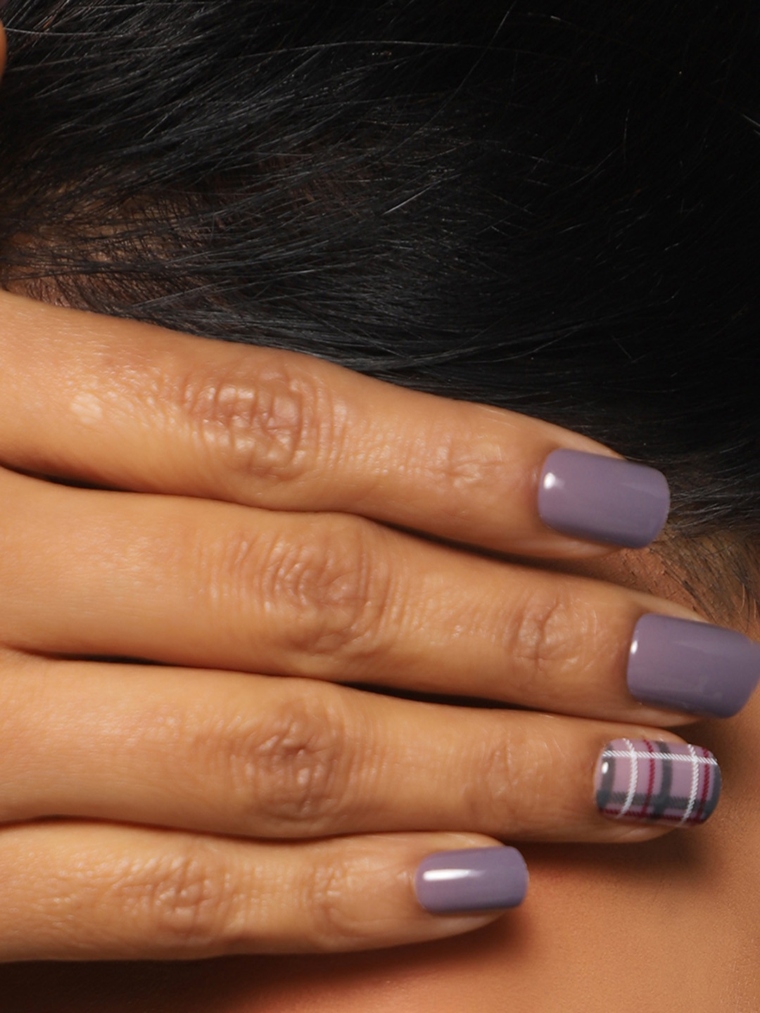 LICK 30Pcs Glossy Check Pattern Artificial Fake Press On Nails - Purple