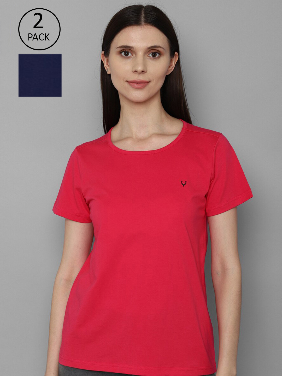 Allen Solly Woman Women Navy Blue & Red Set Of 2 Pure Cotton T-shirt