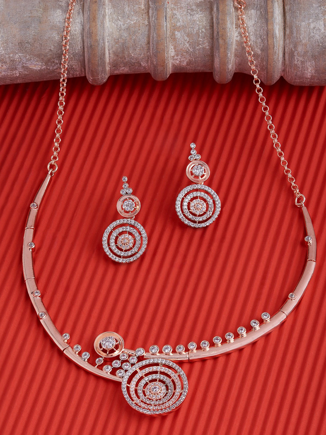 AMI Rosegold-Plated Rose Gold CZ Studded Jewellery Set