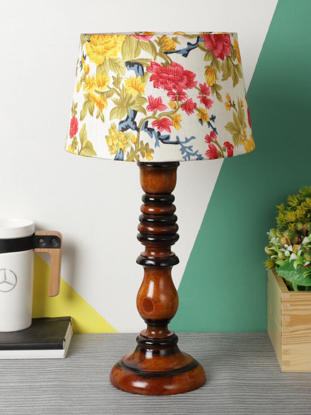 foziq Brown Floral Printed Table Lamp with Shade