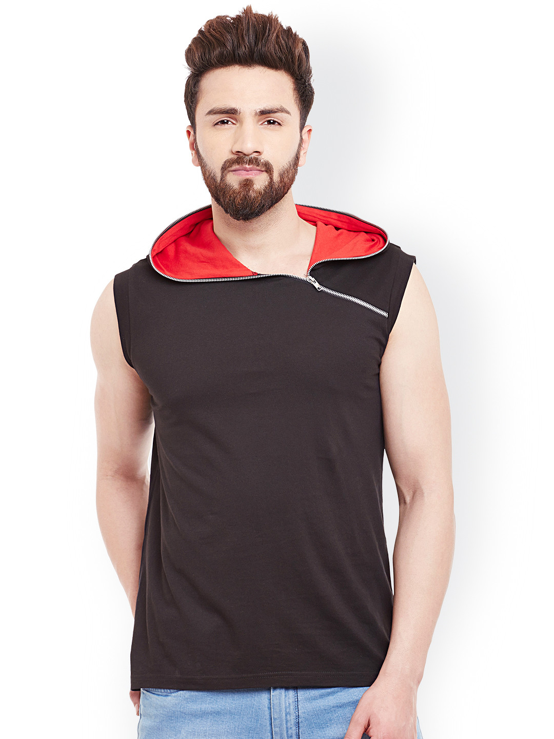 GRITSTONES Men Black Hooded Sleeveless T-shirt