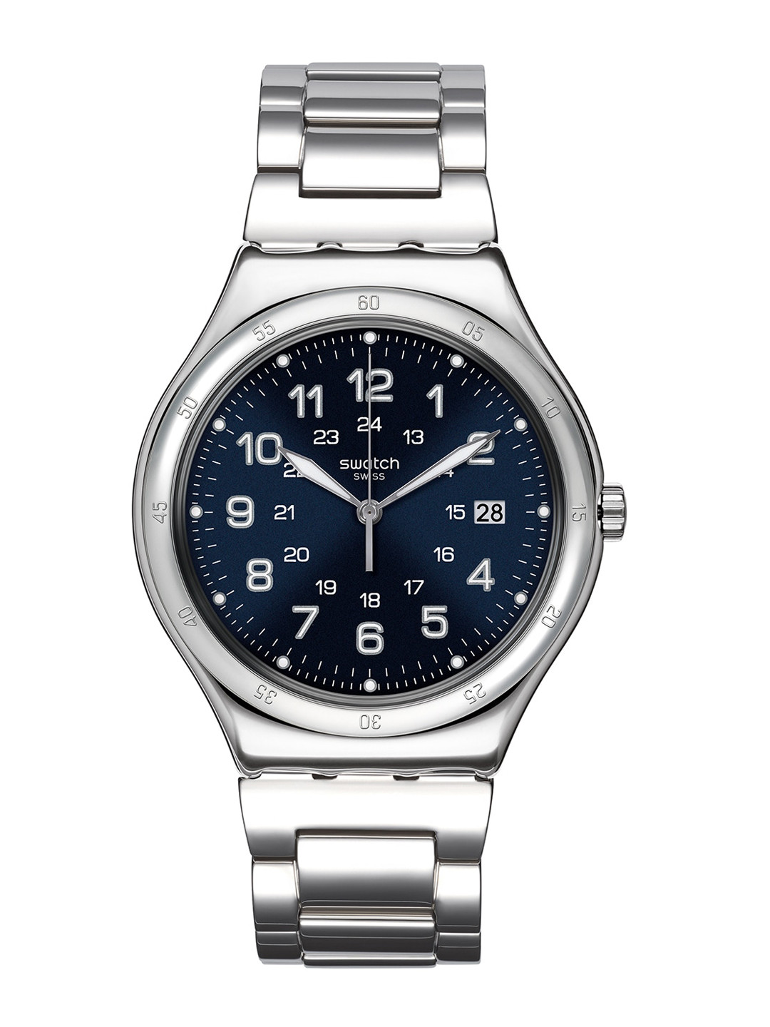 Swatch Unisex Blue Dial & Silver Toned Stainless Steel Bracelet Style Straps Analogue Watch