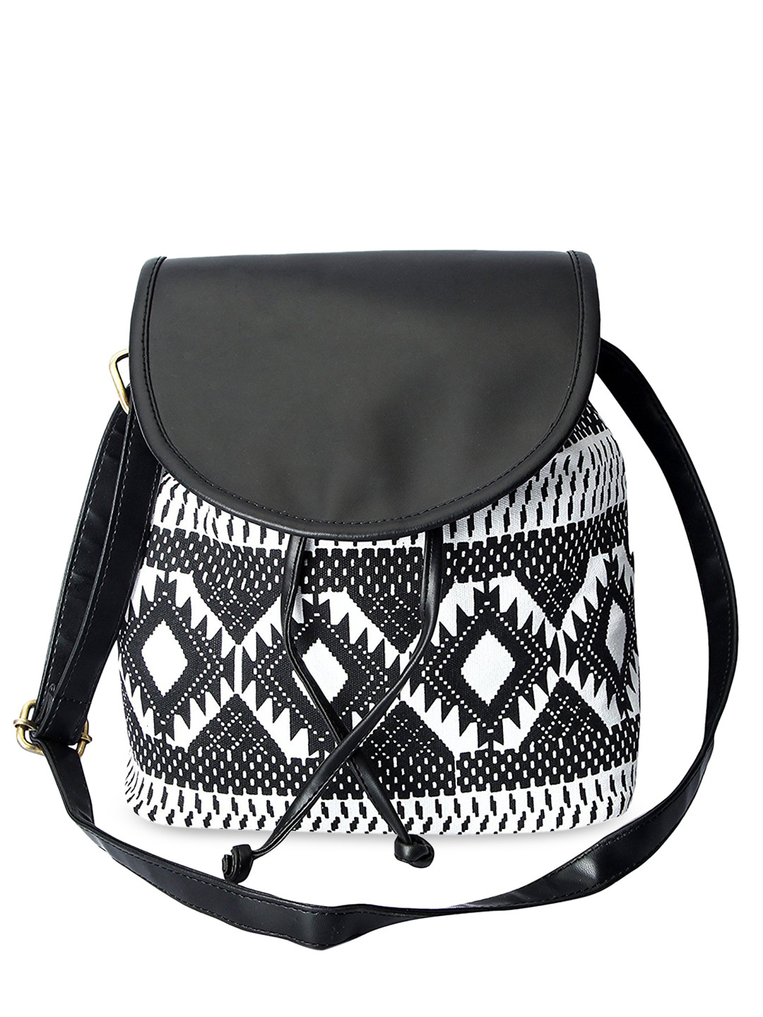 KLEIO Black Geometric PU Canvas Crossbody Bucket Sling Bag with Tasselled