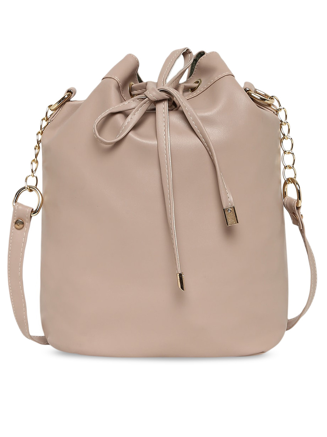 KLEIO Beige PU Bucket Sling Bag with Tassells