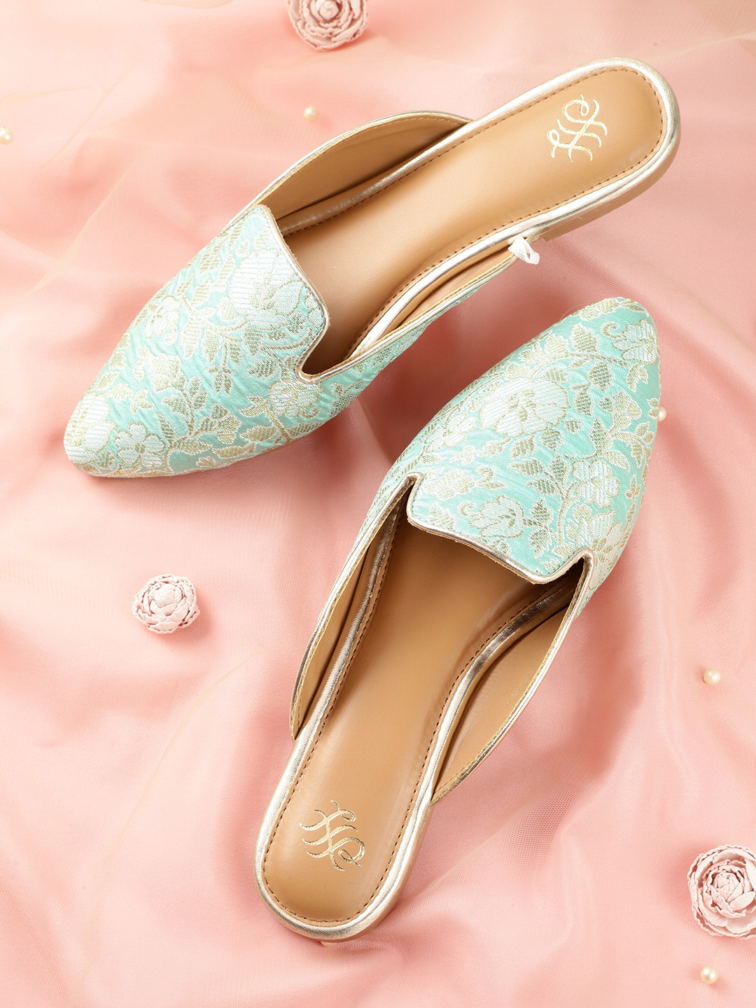 House of Pataudi Women Mint Green Woven Design Mules