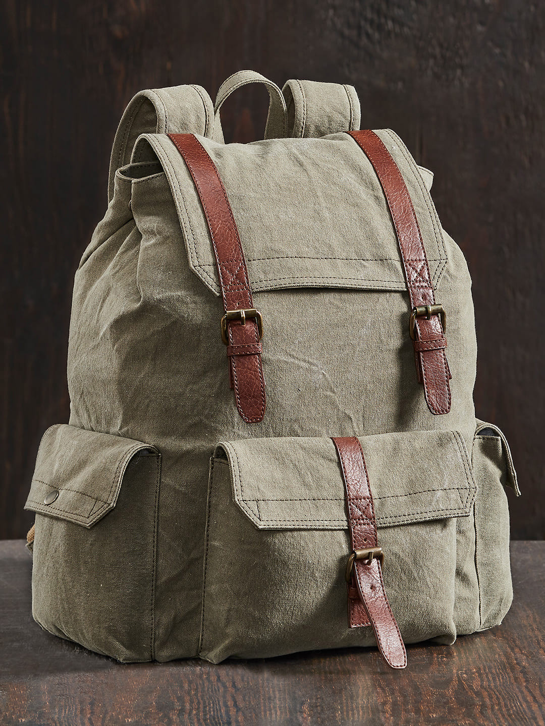 Mona B Unisex Green & Brown Cotton Canvas 14 Inch Laptop Backpack