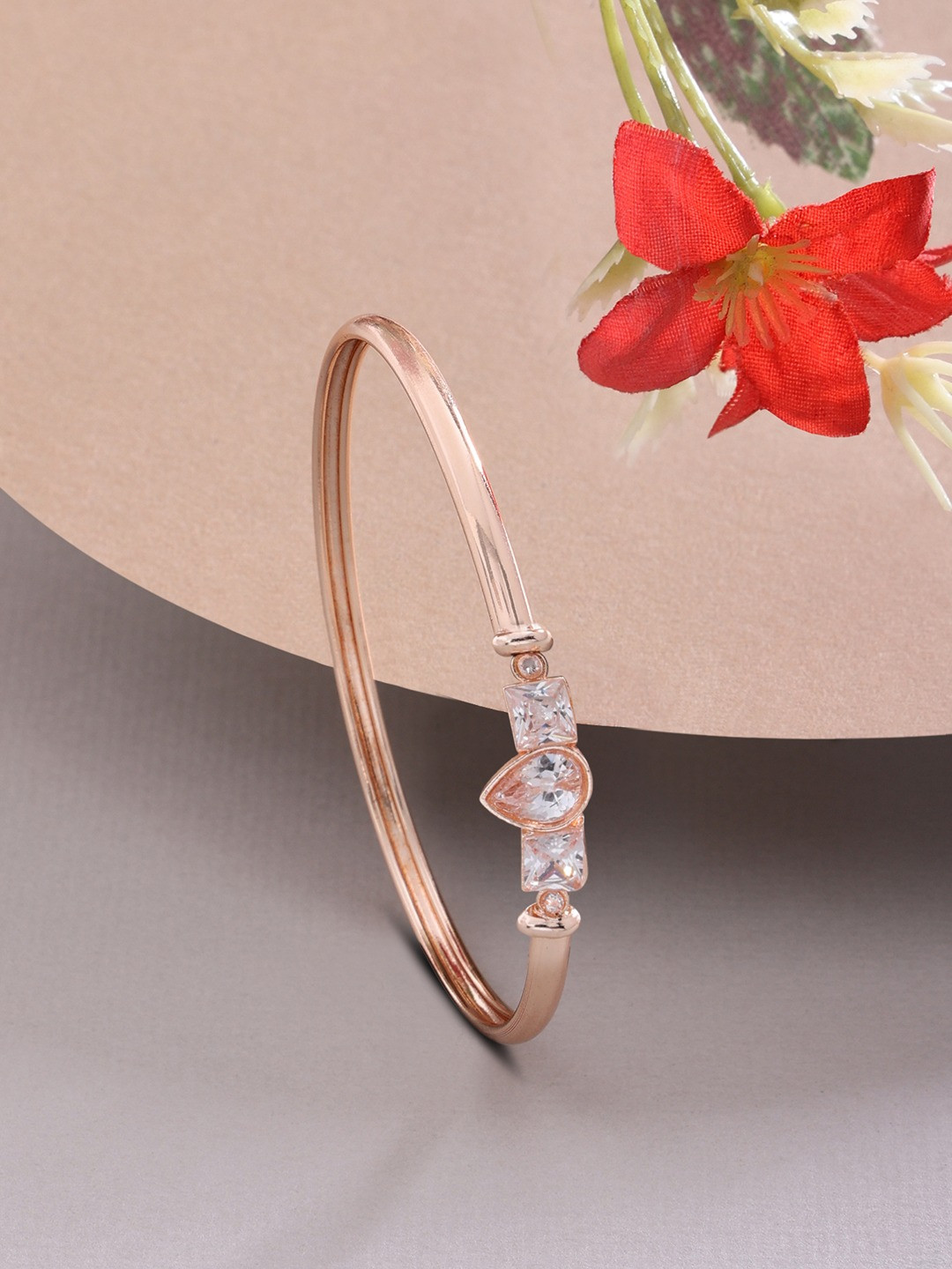 AMI Women Rose Gold & White Brass Cubic Zirconia Rose Gold-Plated Kada Bracelet