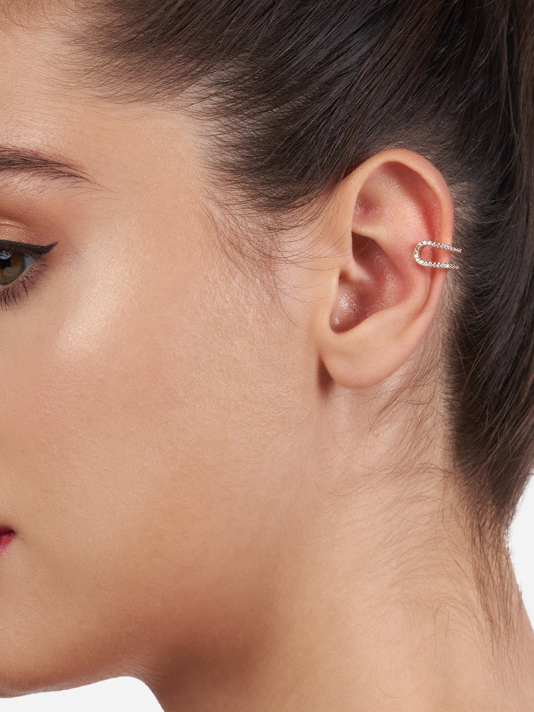 AMI Rose Gold-Toned & White Cubic Zirconia Contemporary Half Hoop Earrings