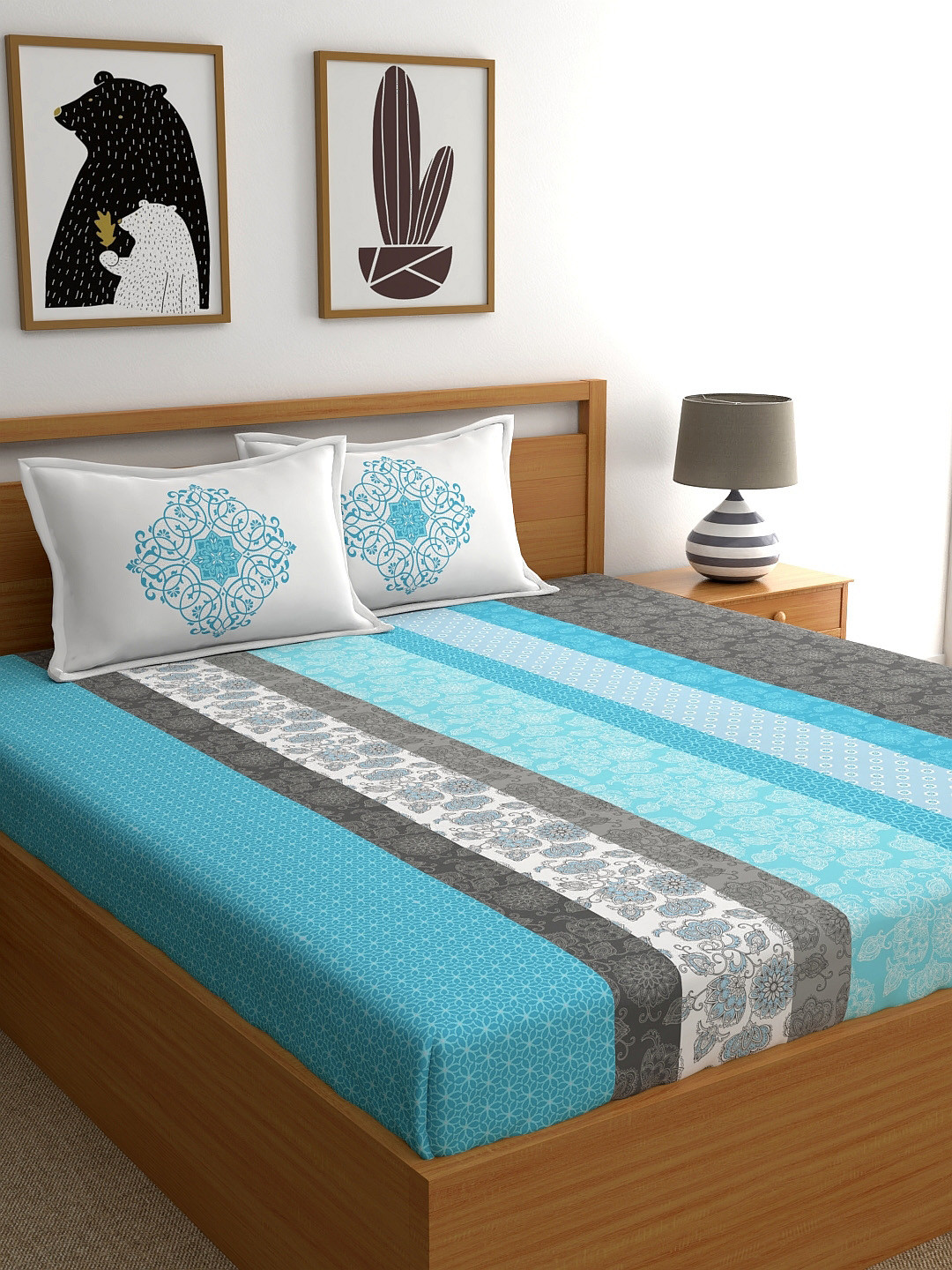 My Room Turquoise Blue Floral Pure Cotton Breathable 140 TC Fitted King Bedsheet with 2 Pillow Covers-183 x 198 cm