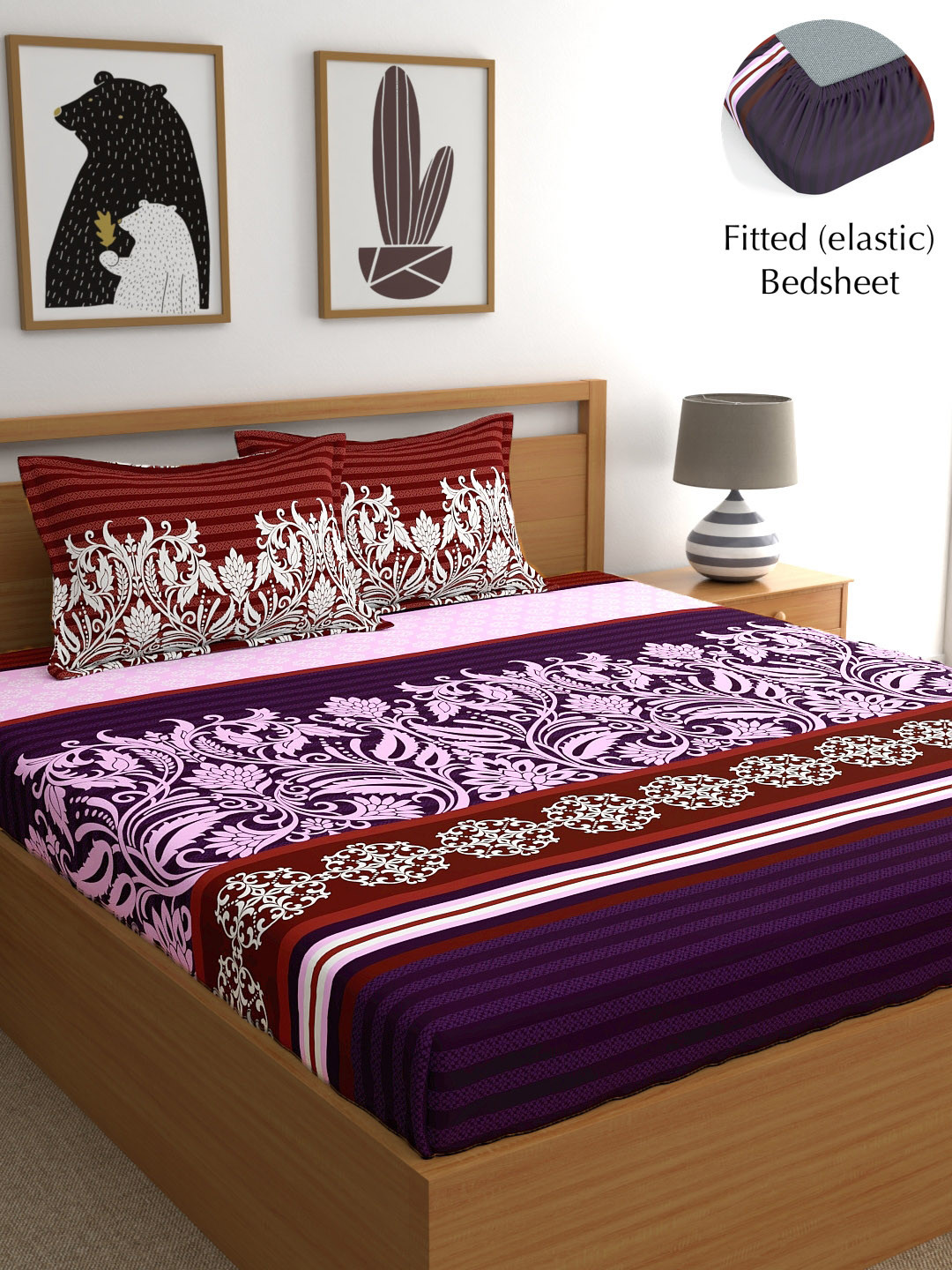 My Room Purple Ethnic Motifs Pure Cotton 140 TC Fitted King Bedsheet with 2 Pillow Covers-90 x 108 inches