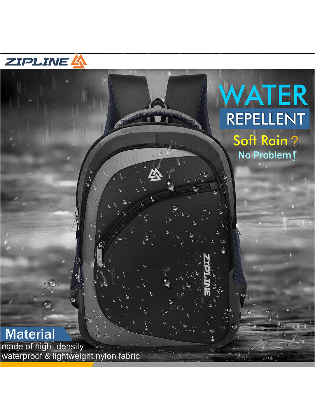 ZIPLINE Unisex Black & Grey Solid  Backpack