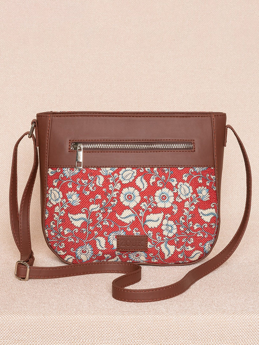 ZOUK Red Floral Printed Structured Sling Bag